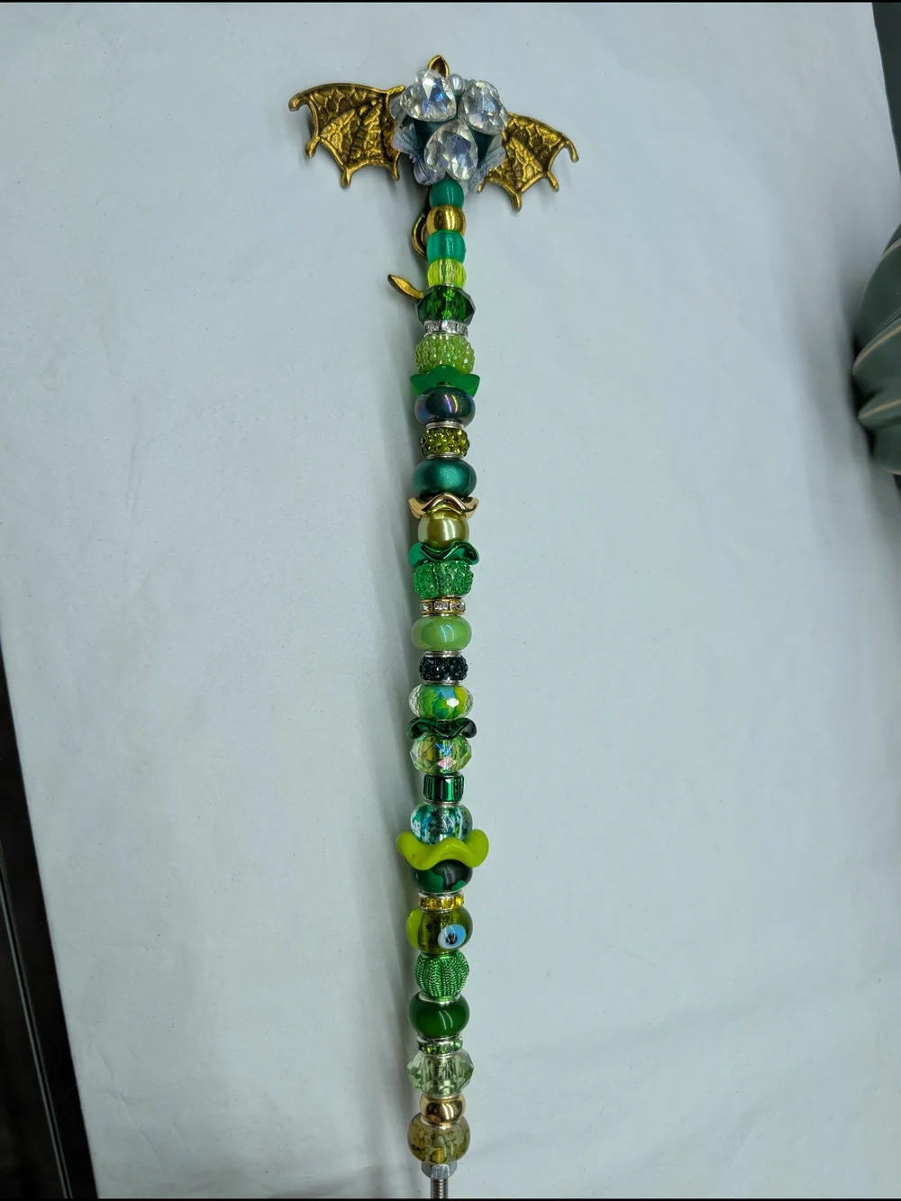 Hand Made Fairy Wand/Plant/Garden Stake W/Green Enamel Dragon Topper